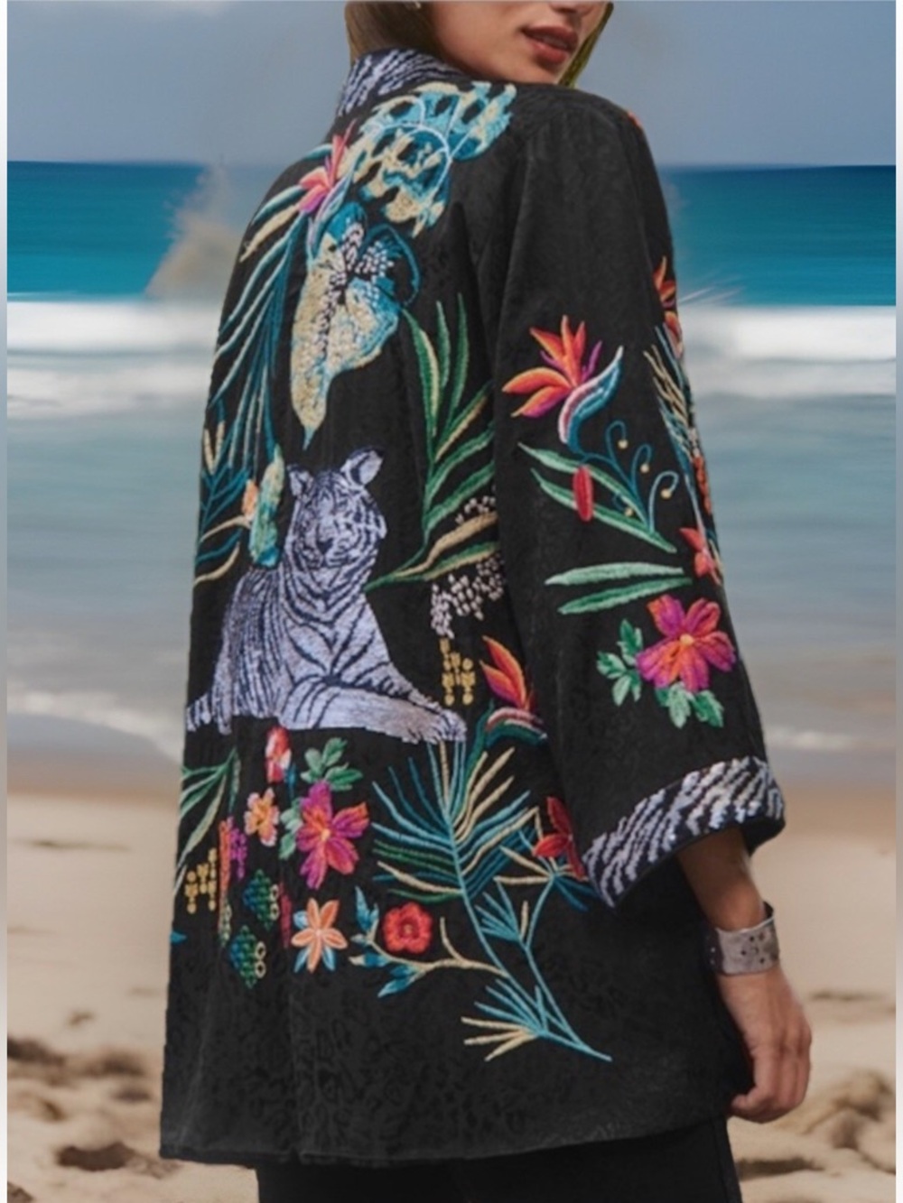 NEW Johnny Was Monica Kimono Sequin Tiger Floral Embroidery Black Jacquard Small - Picture 12 of 14